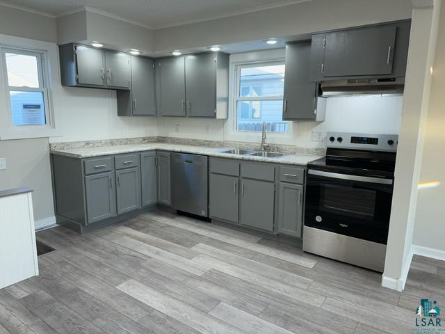 kitchen featuring light wood-type flooring, stainless steel appliances, sink, gray cabinets, and crown molding