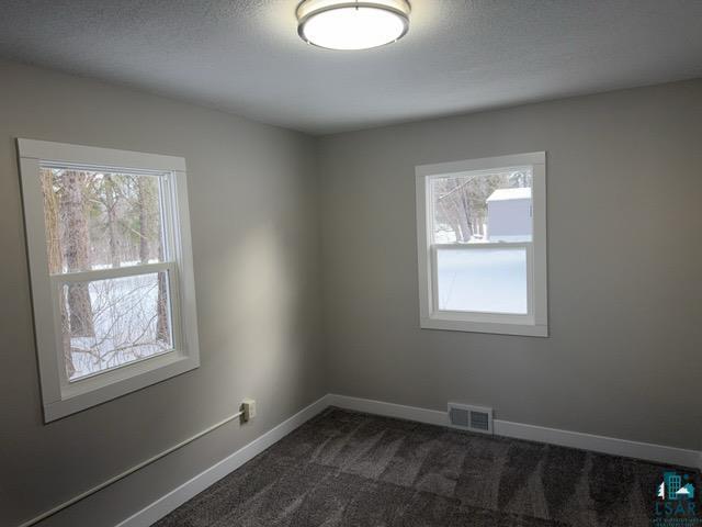 unfurnished room featuring a textured ceiling, dark colored carpet, and a wealth of natural light