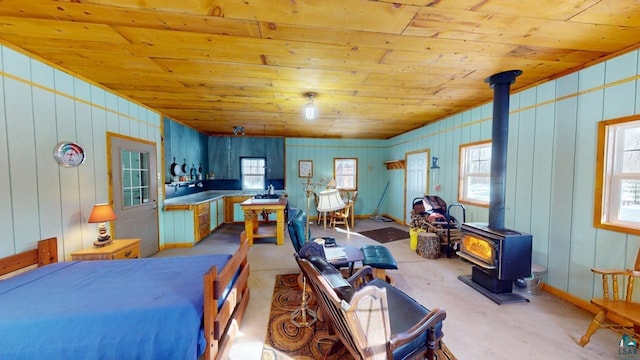 interior space featuring a wood stove and wooden ceiling