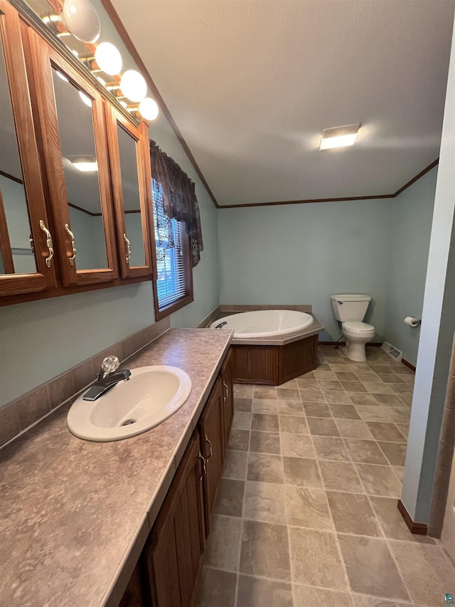 full bath with toilet, visible vents, vanity, a bath, and crown molding