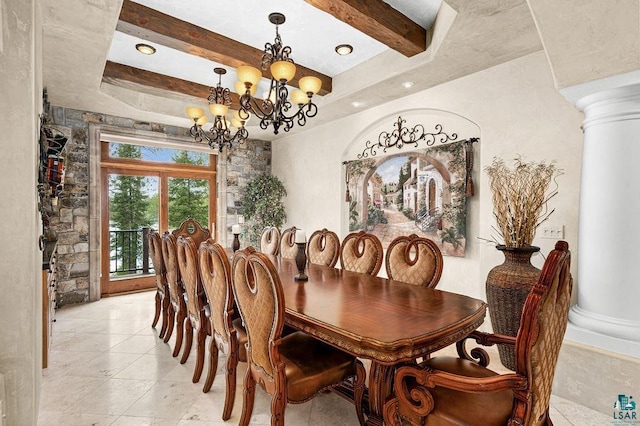 dining room featuring beam ceiling, light tile patterned flooring, decorative columns, and an inviting chandelier