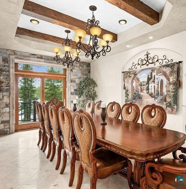 dining space featuring a chandelier and beamed ceiling