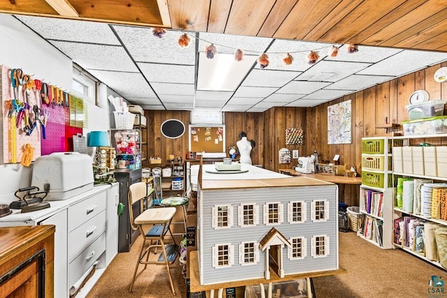 miscellaneous room featuring light colored carpet and wooden walls