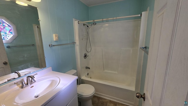 full bathroom featuring tub / shower combination, vanity, toilet, and tile patterned floors