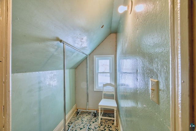 bathroom featuring vaulted ceiling