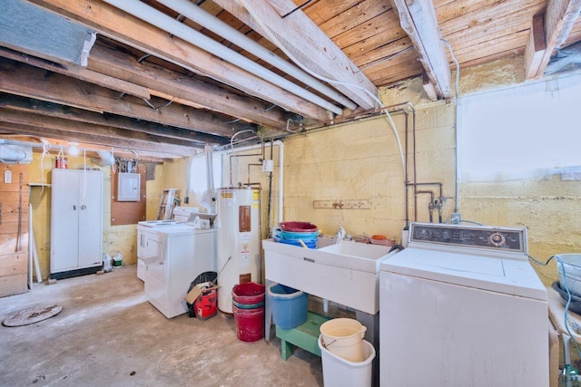 basement featuring electric panel, washing machine and clothes dryer, a sink, and electric water heater