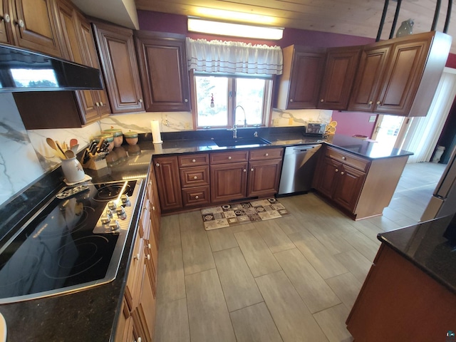 kitchen with stainless steel dishwasher, dark countertops, a sink, and under cabinet range hood