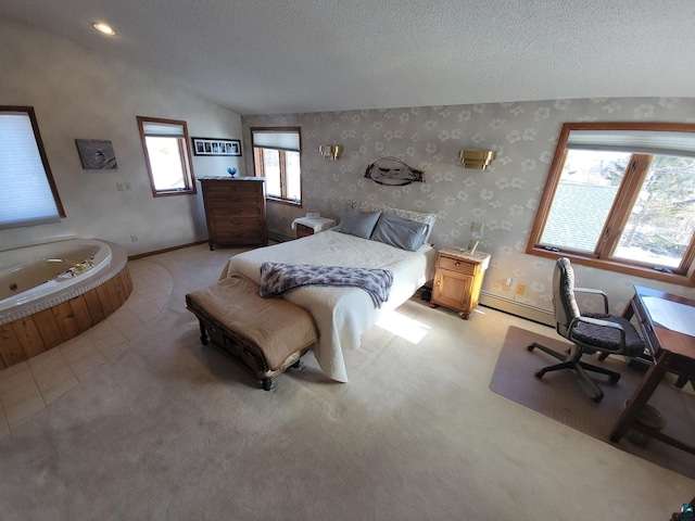 bedroom featuring lofted ceiling, light carpet, a textured ceiling, and wallpapered walls