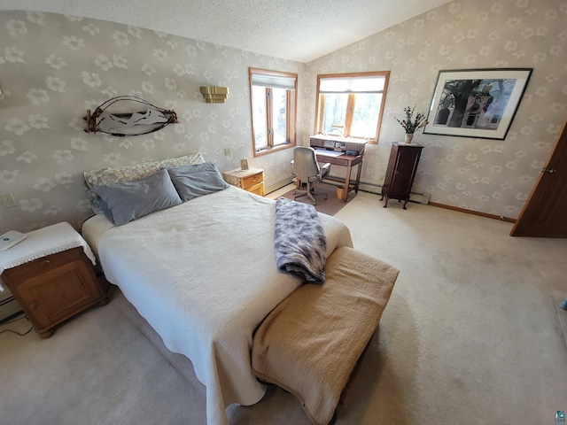 bedroom with wallpapered walls, baseboards, vaulted ceiling, a textured ceiling, and carpet flooring