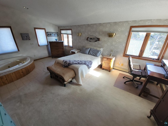 bedroom featuring light carpet, wallpapered walls, a baseboard radiator, vaulted ceiling, and a textured ceiling