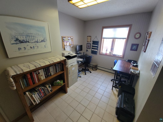 home office with light tile patterned floors, a baseboard radiator, wallpapered walls, and a textured ceiling