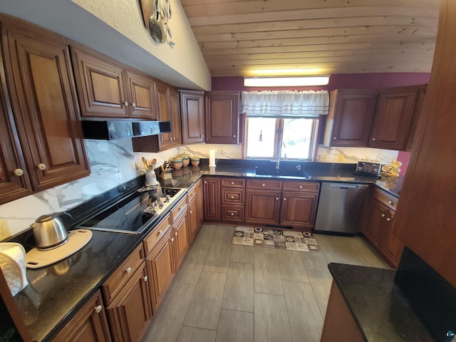 kitchen featuring dishwasher, lofted ceiling, range hood, black electric stovetop, and backsplash