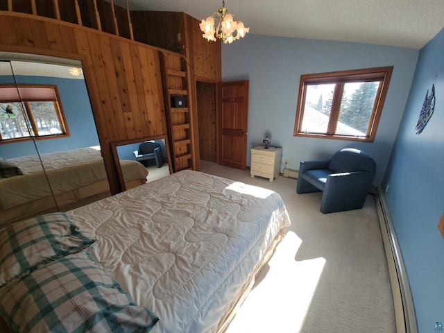 carpeted bedroom featuring lofted ceiling, multiple windows, a baseboard radiator, and a notable chandelier