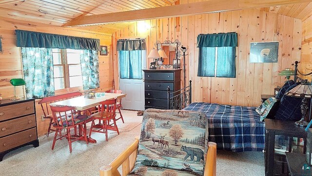 95173 Trapper Shack Bay, Tower, MN 55790 - living area with wood walls, wood ceiling, and carpet floors