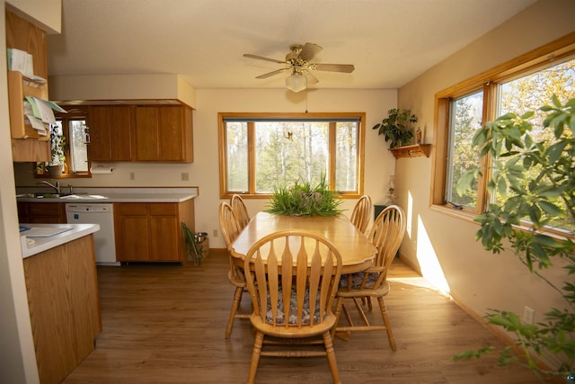 dining room featuring light wood-type flooring, a ceiling fan, baseboards, and a wealth of natural light