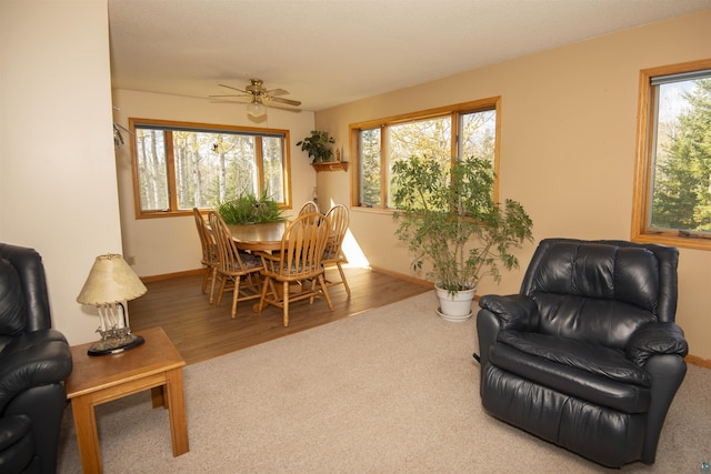 living room featuring carpet, baseboards, and wood finished floors