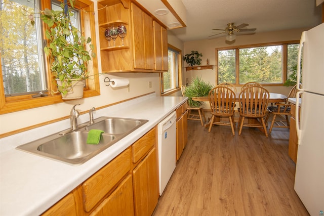 kitchen featuring white appliances, light countertops, a sink, and open shelves