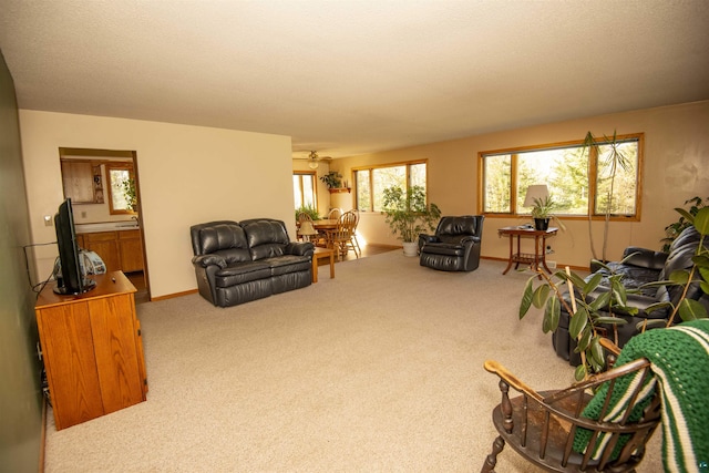 living area with carpet flooring and baseboards