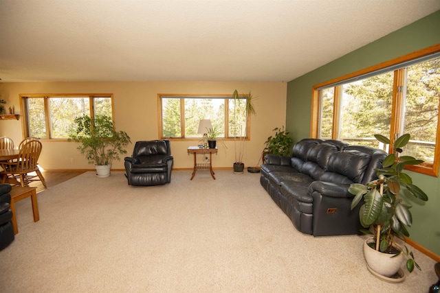 carpeted living area featuring plenty of natural light and baseboards