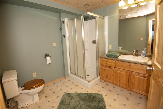 full bath featuring toilet, a stall shower, vanity, and tile patterned floors