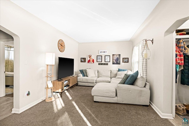 living area with carpet, baseboards, and arched walkways