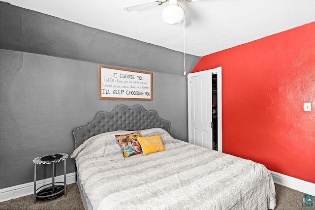 bedroom with lofted ceiling, carpet floors, ceiling fan, and baseboards