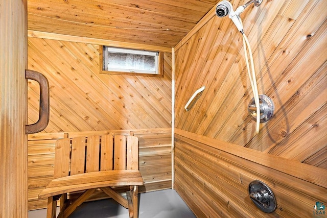 interior details with a sauna, wood walls, and wooden ceiling