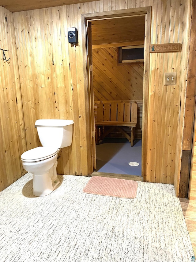 bathroom with wood walls and toilet