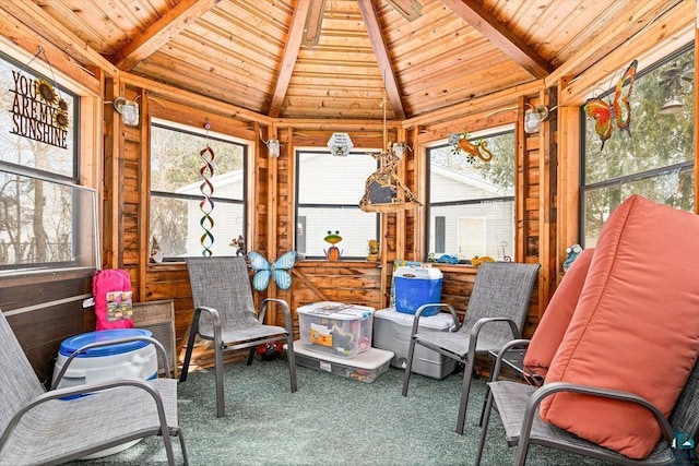 sunroom / solarium featuring wooden ceiling and vaulted ceiling with beams