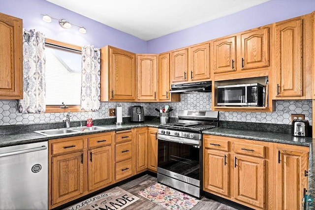 kitchen with stainless steel appliances, dark countertops, a sink, and under cabinet range hood