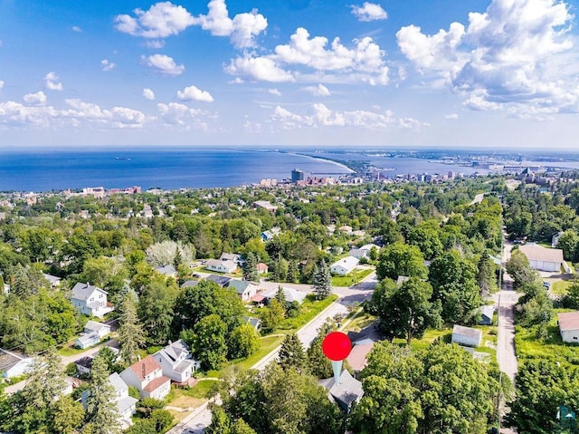 drone / aerial view featuring a water view