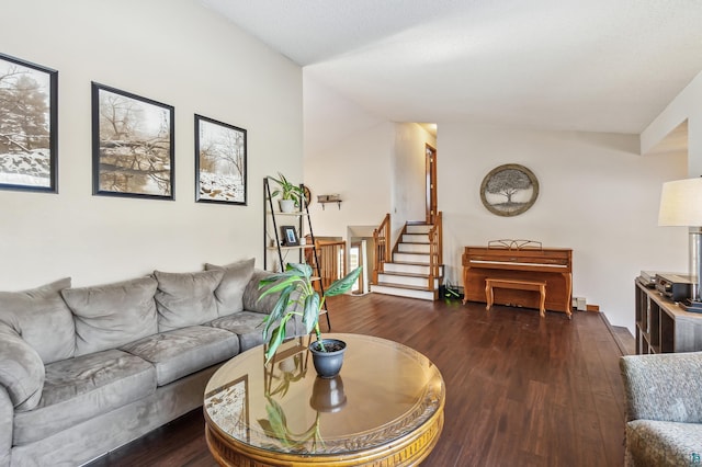 living room with stairway and wood finished floors