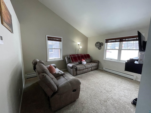 living area with carpet, high vaulted ceiling, a baseboard radiator, and baseboards