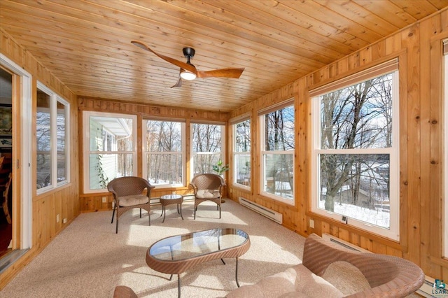 sunroom / solarium with wood ceiling, a baseboard radiator, and a wealth of natural light