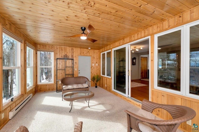 sunroom with a baseboard heating unit, wooden ceiling, and a ceiling fan