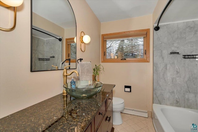 full bathroom featuring toilet, tile patterned flooring, baseboard heating, tub / shower combination, and vanity