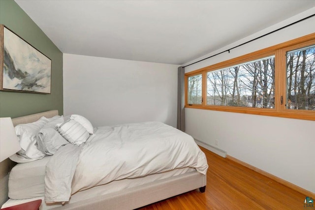 bedroom with multiple windows, baseboards, baseboard heating, and wood finished floors