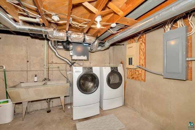 laundry room featuring a sink, laundry area, washing machine and dryer, and electric panel