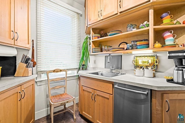 kitchen featuring open shelves, stainless steel dishwasher, a sink, and light countertops