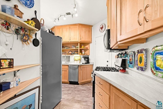 kitchen with stainless steel appliances, light brown cabinetry, open shelves, and light countertops