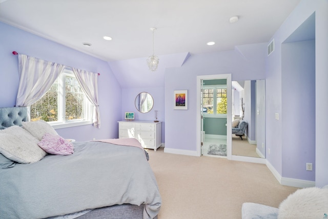 bedroom featuring lofted ceiling, visible vents, light carpet, and baseboards