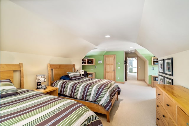 bedroom featuring light carpet, recessed lighting, baseboards, and lofted ceiling