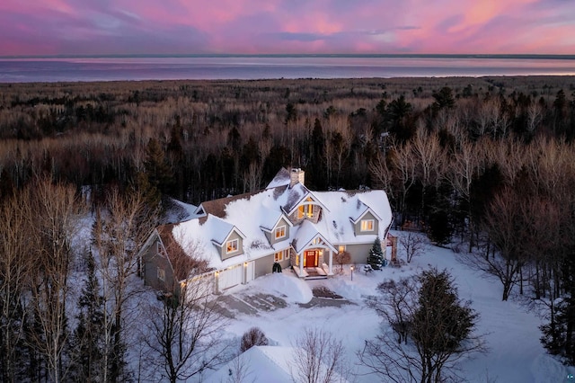 snowy aerial view with a view of trees