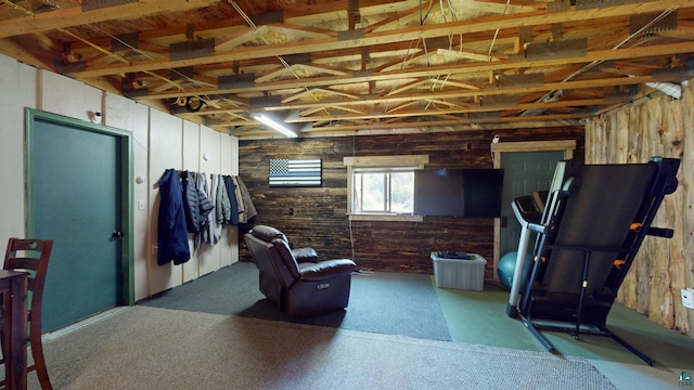 basement with wood walls