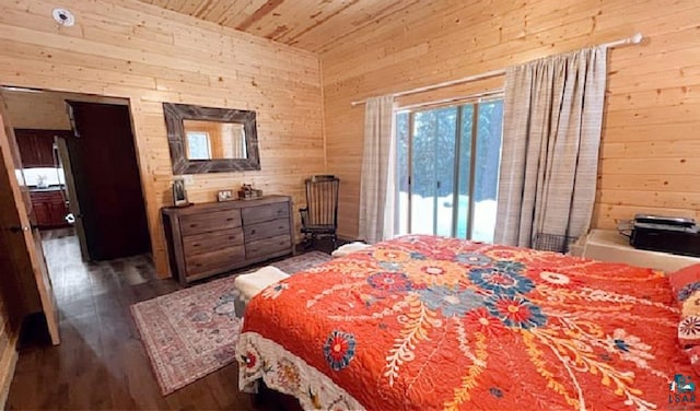 bedroom featuring wooden ceiling, wood walls, and wood finished floors