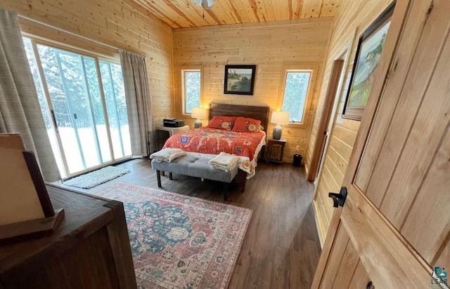 bedroom featuring access to exterior, wooden ceiling, wood walls, and wood finished floors