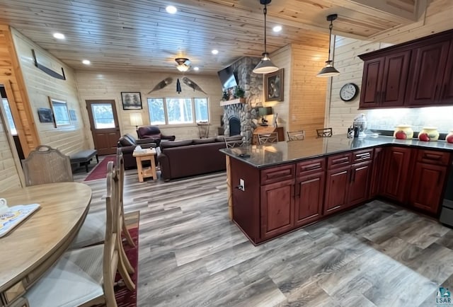 kitchen with wooden ceiling, wood finished floors, decorative light fixtures, and recessed lighting