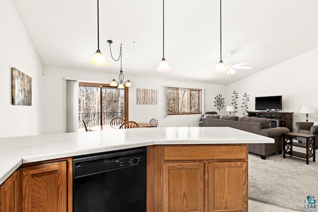 kitchen with lofted ceiling, light carpet, black dishwasher, hanging light fixtures, and brown cabinets