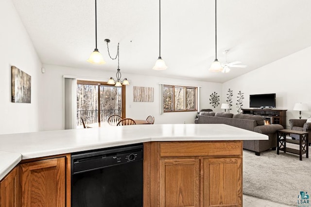 kitchen featuring brown cabinetry, vaulted ceiling, light colored carpet, and dishwasher