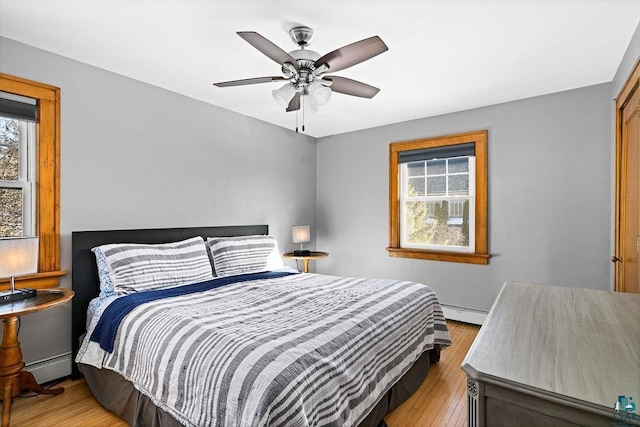 bedroom with ceiling fan, light wood finished floors, and baseboard heating